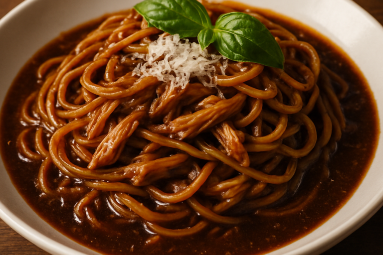 Espaguete A La Birra Nera com molho de cerveja preta, frango desfiado e parmesão ralado em prato branco