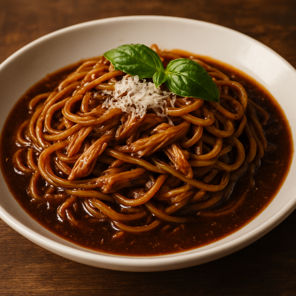 Espaguete A La Birra Nera com molho de cerveja preta, frango desfiado e parmesão ralado em prato branco