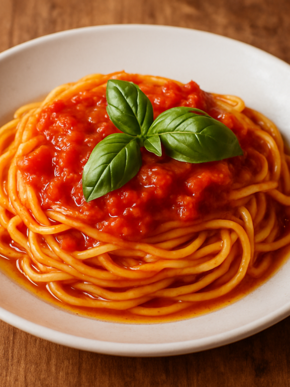 Espaguete sem açúcar para o almoço com molho de tomate caseiro e manjericão fresco em prato branco