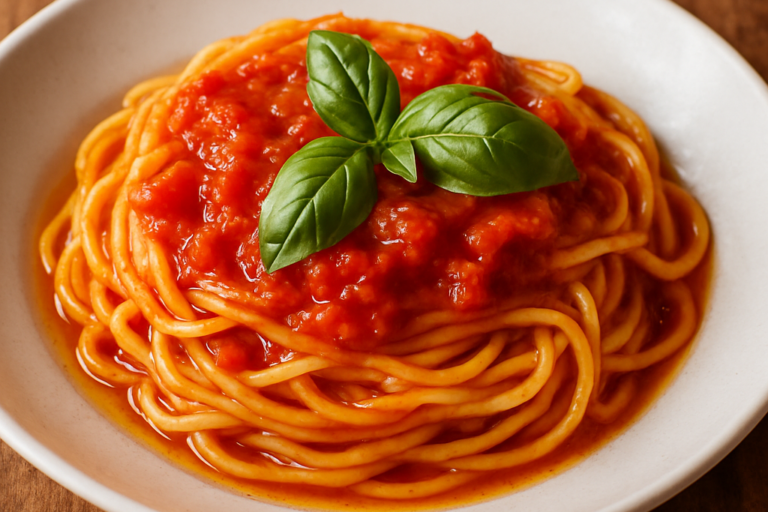 Espaguete sem açúcar para o almoço com molho de tomate caseiro e manjericão fresco em prato branco