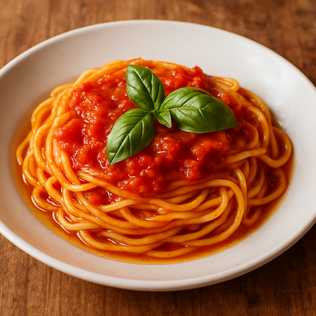 Espaguete sem açúcar para o almoço com molho de tomate caseiro e manjericão fresco em prato branco