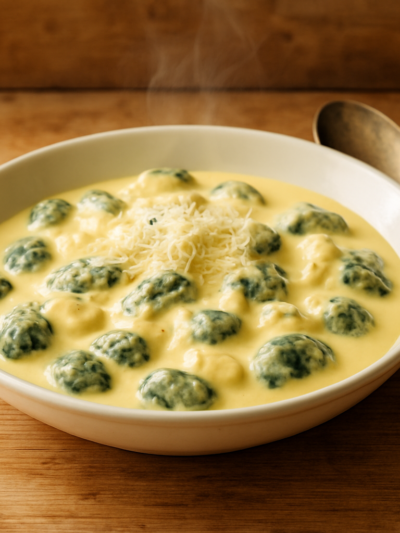 estrogonofe de espinafre sem glúten cremoso em prato fundo branco com queijo ralado por cima