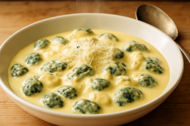 estrogonofe de espinafre sem glúten cremoso em prato fundo branco com queijo ralado por cima