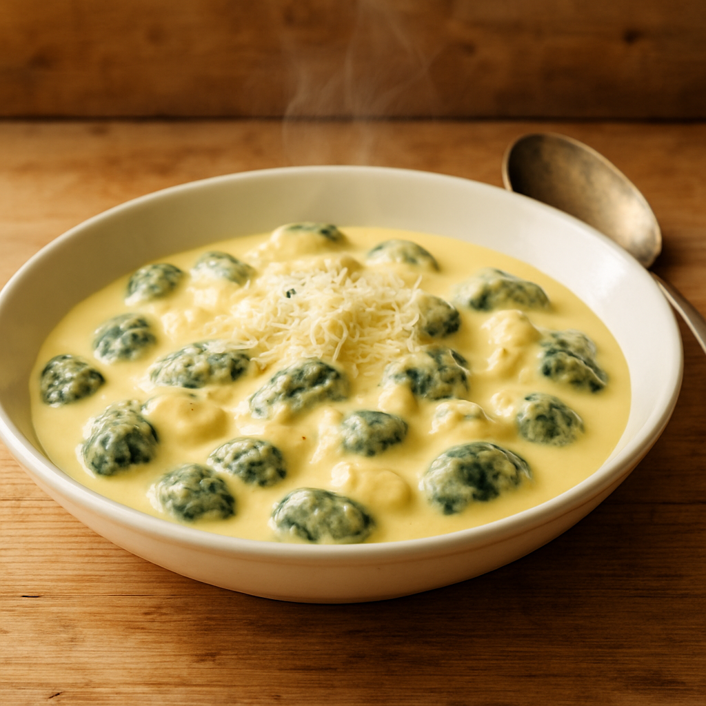 estrogonofe de espinafre sem glúten cremoso em prato fundo branco com queijo ralado por cima