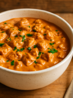 Estrogonofe vegetariano com proteína vegetal em tigela de cerâmica branca, molho cremoso alaranjado com salsinha verde