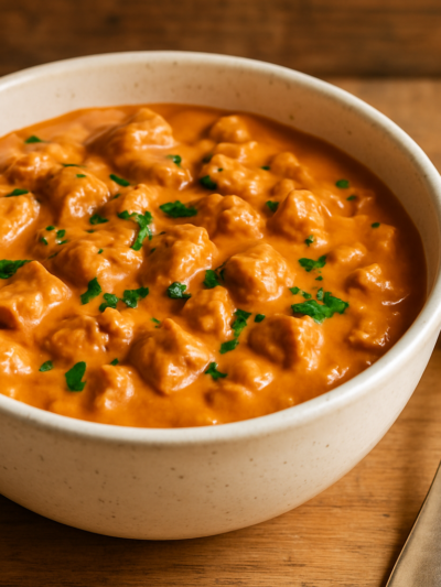 Estrogonofe vegetariano com proteína vegetal em tigela de cerâmica branca, molho cremoso alaranjado com salsinha verde