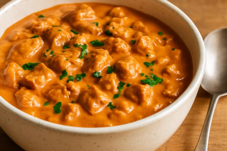 Estrogonofe vegetariano com proteína vegetal em tigela de cerâmica branca, molho cremoso alaranjado com salsinha verde