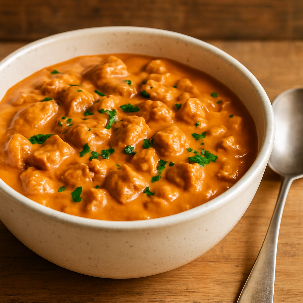 Estrogonofe vegetariano com proteína vegetal em tigela de cerâmica branca, molho cremoso alaranjado com salsinha verde