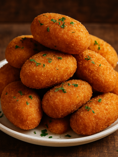 Falso Bacalhau de sardinha com batata empanado e frito, dourado e crocante, servido em prato branco com salsinha