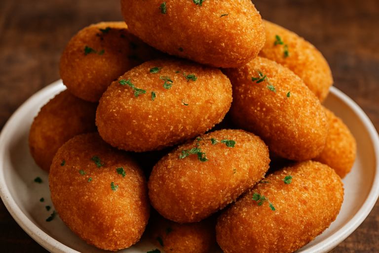 Falso Bacalhau de sardinha com batata empanado e frito, dourado e crocante, servido em prato branco com salsinha