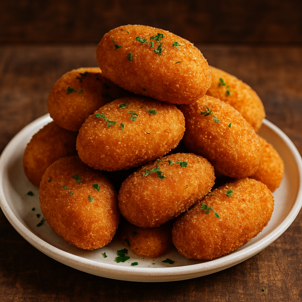 Falso Bacalhau de sardinha com batata empanado e frito, dourado e crocante, servido em prato branco com salsinha