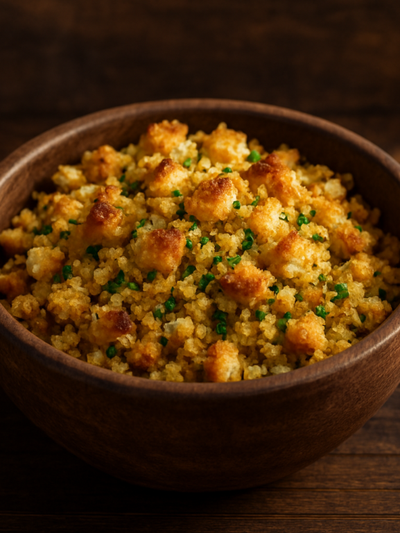 Farofa de pão crocante e dourada com ervas frescas em tigela de madeira