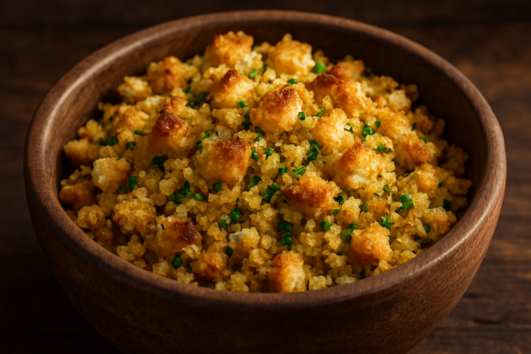 Farofa de pão crocante e dourada com ervas frescas em tigela de madeira