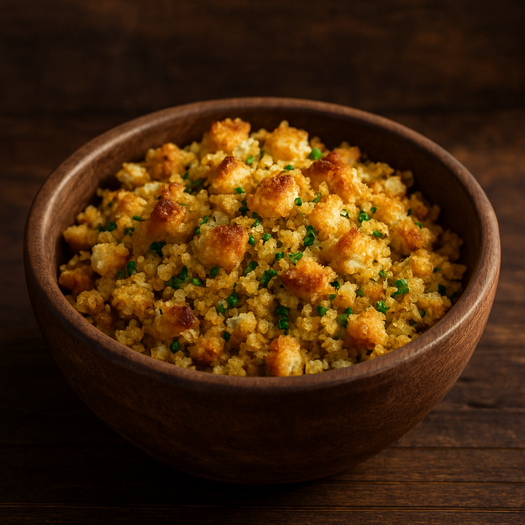 Farofa de pão crocante e dourada com ervas frescas em tigela de madeira
