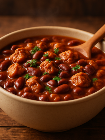 Feijão com proteína de soja texturizada em tigela de cerâmica com molho encorpado e salsinha fresca