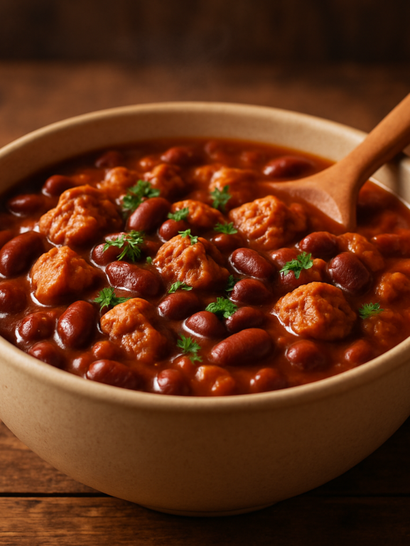 Feijão com proteína de soja texturizada em tigela de cerâmica com molho encorpado e salsinha fresca