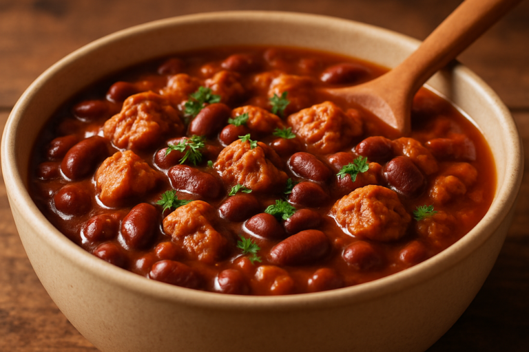 Feijão com proteína de soja texturizada em tigela de cerâmica com molho encorpado e salsinha fresca