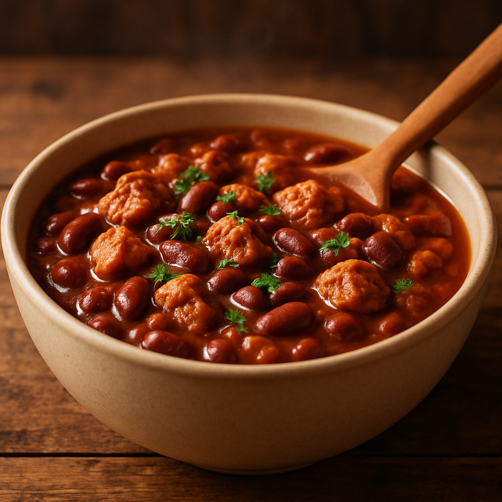 Feijão com proteína de soja texturizada em tigela de cerâmica com molho encorpado e salsinha fresca