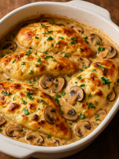 filé de frango ao vinho branco cremoso com cogumelos e queijo gratinado em refratário branco