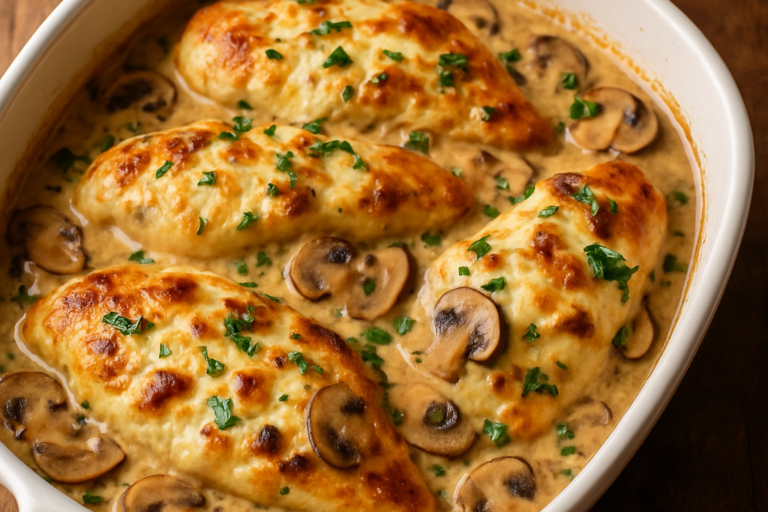 filé de frango ao vinho branco cremoso com cogumelos e queijo gratinado em refratário branco