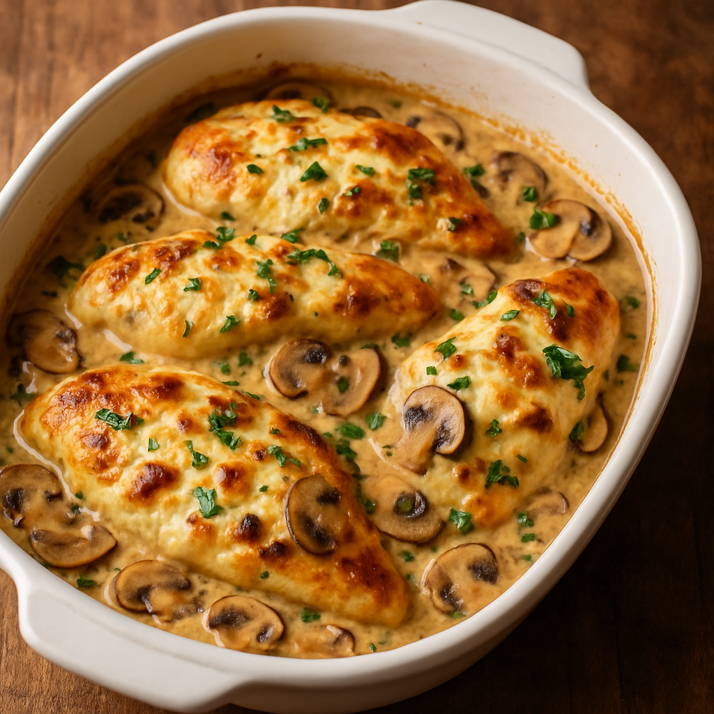 filé de frango ao vinho branco cremoso com cogumelos e queijo gratinado em refratário branco