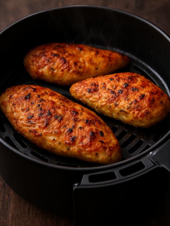 filé de frango na air fryer dourado e suculento, pronto para o almoço, com tempero de páprica e ervas