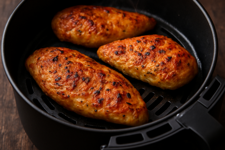 filé de frango na air fryer dourado e suculento, pronto para o almoço, com tempero de páprica e ervas