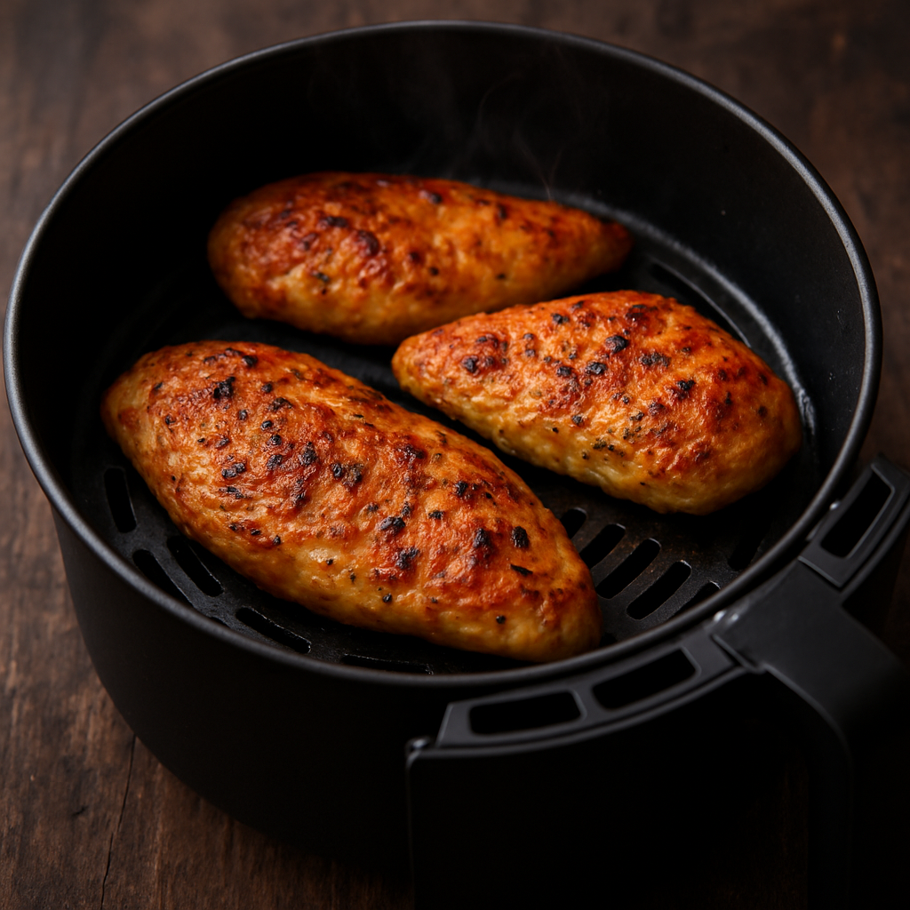 filé de frango na air fryer dourado e suculento, pronto para o almoço, com tempero de páprica e ervas