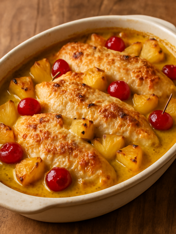 filé de frango tropical com abacaxi e curry gratinado em refratário oval