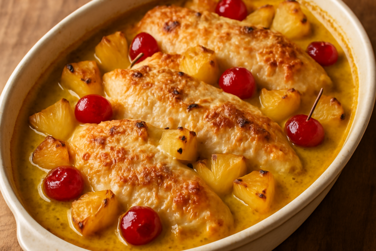 filé de frango tropical com abacaxi e curry gratinado em refratário oval