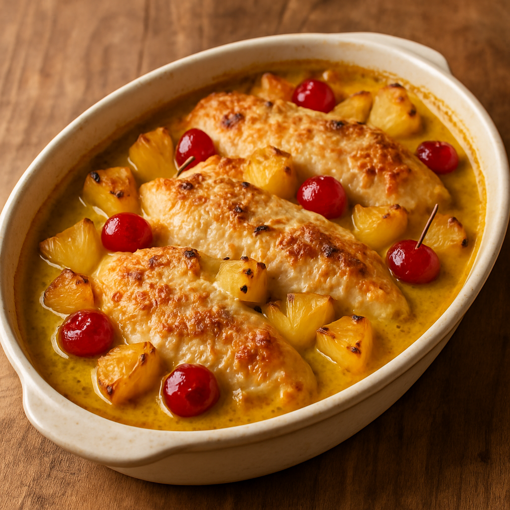 filé de frango tropical com abacaxi e curry gratinado em refratário oval