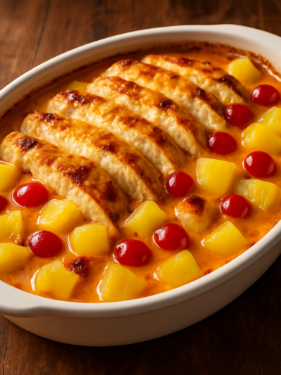 filé de frango tropical com abacaxi e curry gratinado em refratário branco com queijo dourado