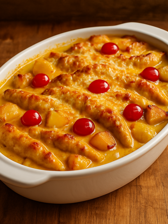 Filé de frango tropical com abacaxi, curry e queijo gratinado em refratário branco
