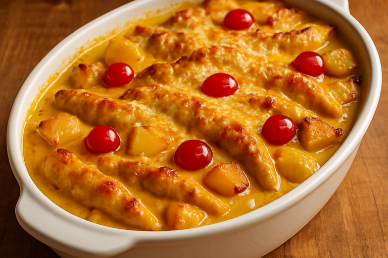 Filé de frango tropical com abacaxi, curry e queijo gratinado em refratário branco