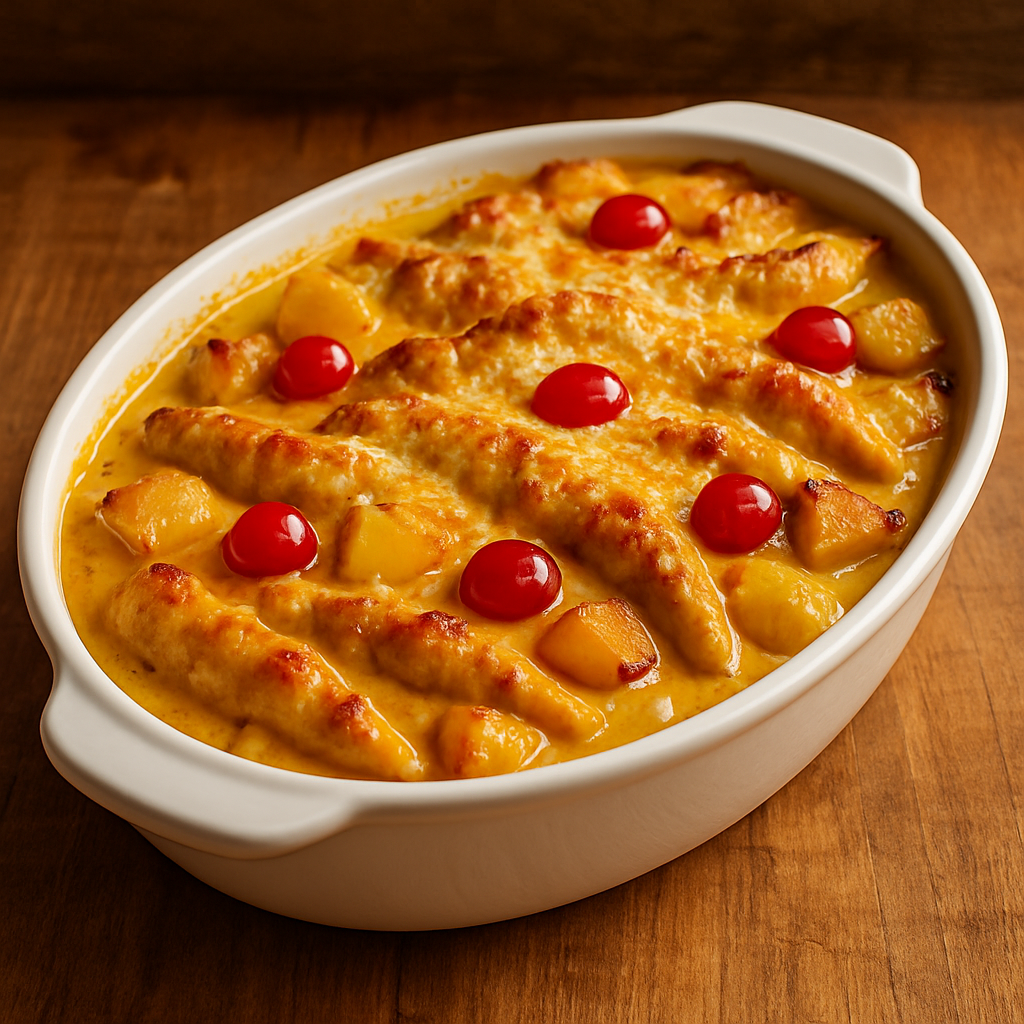 Filé de frango tropical com abacaxi, curry e queijo gratinado em refratário branco