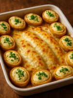 filé de peixe com batatas gratinadas em refratário com molho branco dourado e barquinhas de catupiry