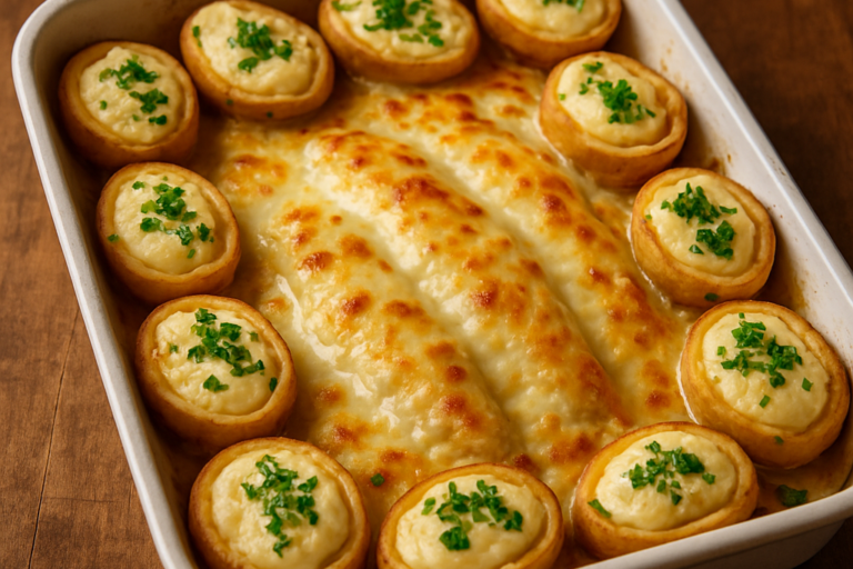 filé de peixe com batatas gratinadas em refratário com molho branco dourado e barquinhas de catupiry