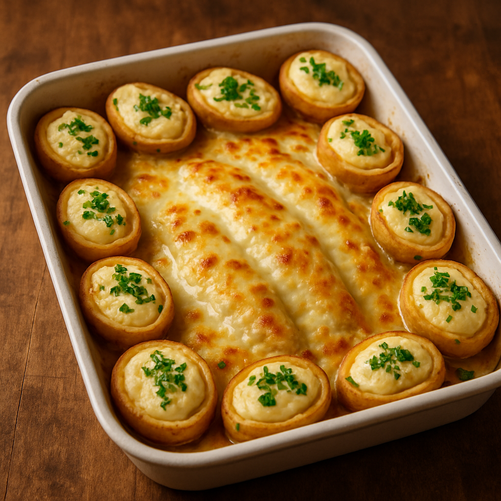 filé de peixe com batatas gratinadas em refratário com molho branco dourado e barquinhas de catupiry