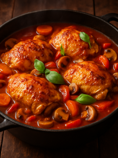 Frango à Caçador suculento com molho de tomate, vinho tinto e cogumelos em panela rústica