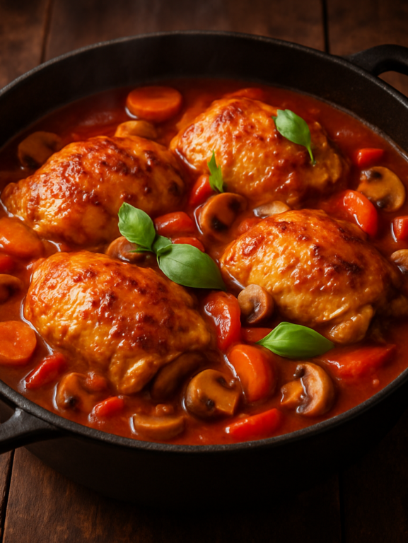 Frango à Caçador suculento com molho de tomate, vinho tinto e cogumelos em panela rústica