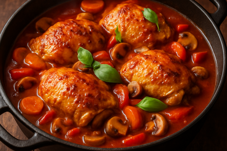 Frango à Caçador suculento com molho de tomate, vinho tinto e cogumelos em panela rústica