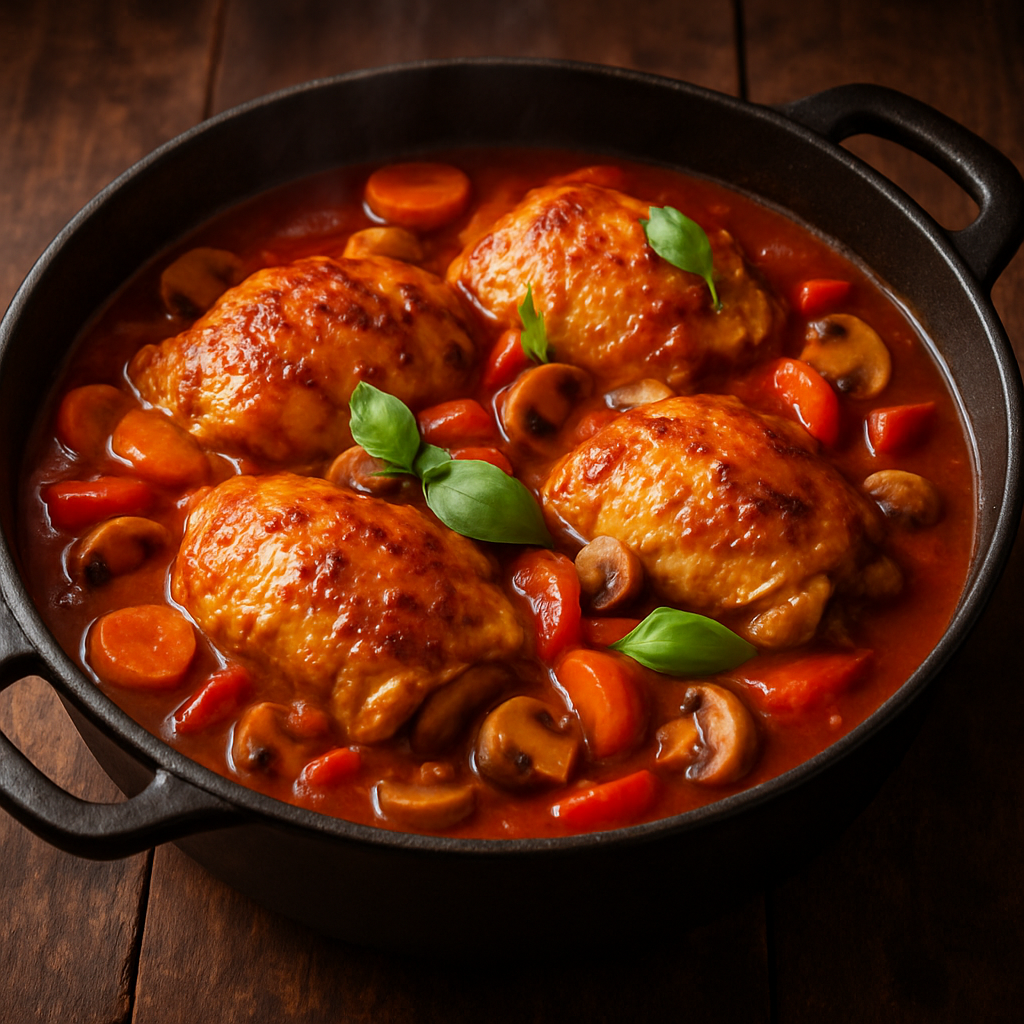 Frango à Caçador suculento com molho de tomate, vinho tinto e cogumelos em panela rústica