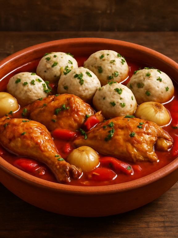 Frango à Taffarell com bolinhas de massa cozidas no molho e salsa picada por cima