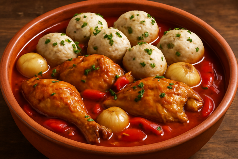 Frango à Taffarell com bolinhas de massa cozidas no molho e salsa picada por cima