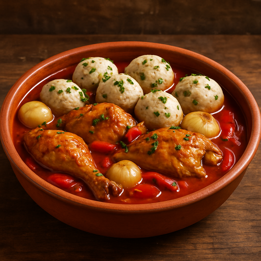 Frango à Taffarell com bolinhas de massa cozidas no molho e salsa picada por cima