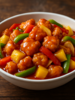 frango agridoce crocante com molho brilhante de abacaxi e pimentão em travessa branca