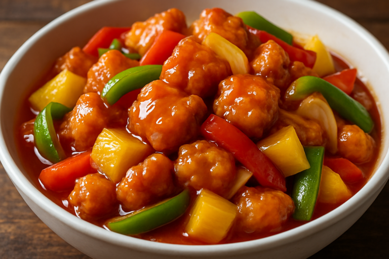 frango agridoce crocante com molho brilhante de abacaxi e pimentão em travessa branca