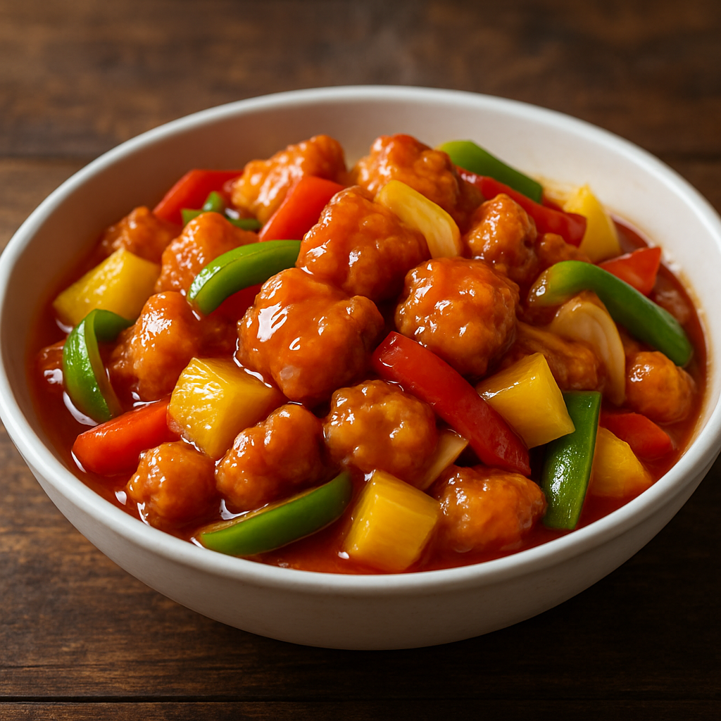 frango agridoce crocante com molho brilhante de abacaxi e pimentão em travessa branca