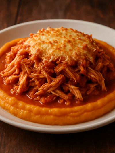 Frango com batata doce cremoso servido em prato branco com purê alaranjado e frango desfiado ao molho de tomate