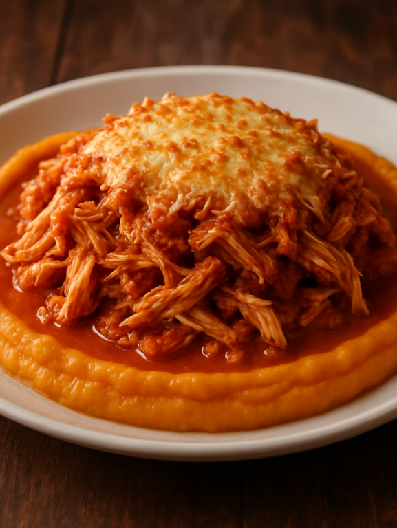 Frango com batata doce cremoso servido em prato branco com purê alaranjado e frango desfiado ao molho de tomate